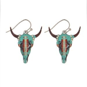 Southwestern Longhorn Skull Earrings in turquoise and coral enamel